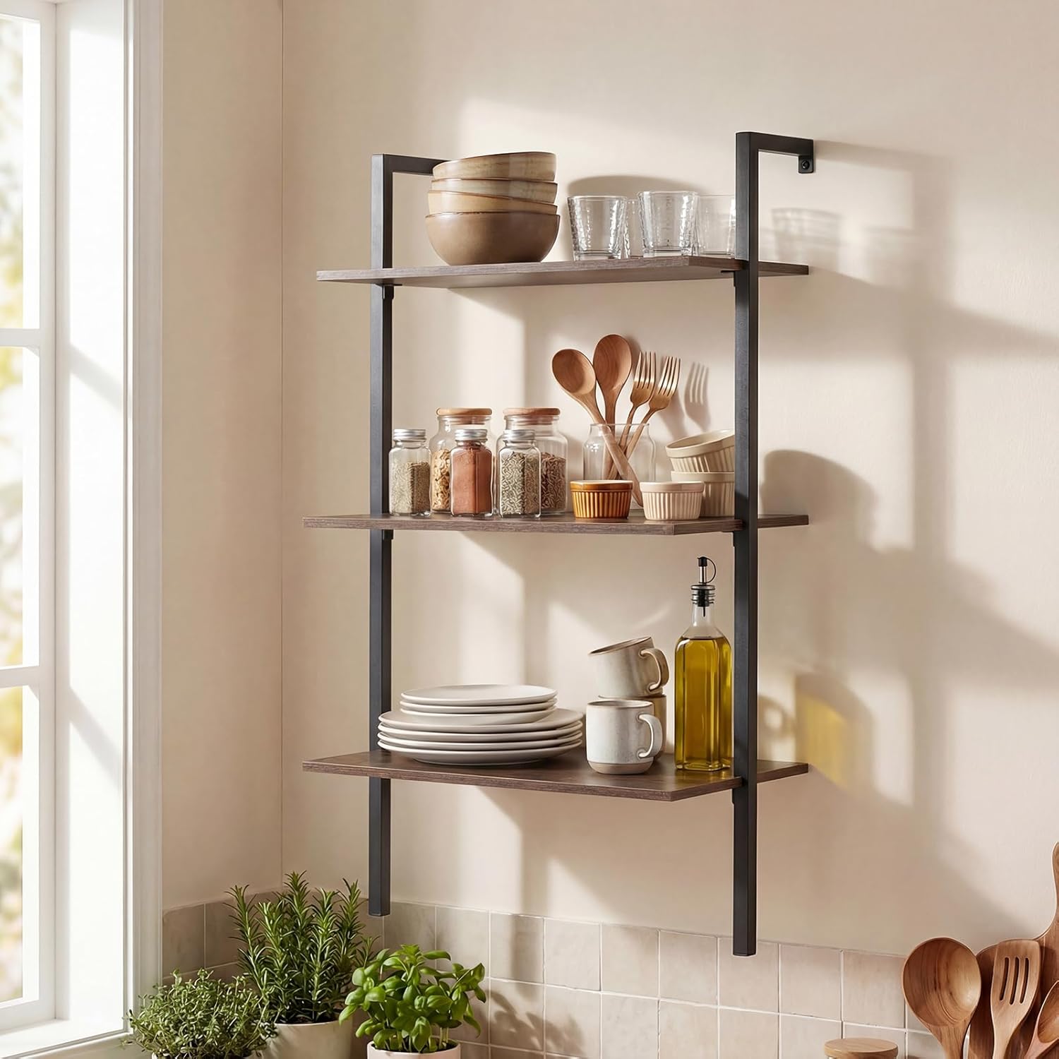 Giantex Ladder Shelf Set of 2, 3-Tier Wood Wall Mounted Bookshelf with Metal Frame, Industrial Open Storage Rack and Display Shelves, Wooden Floating Shelving Unit for Living Room, Office