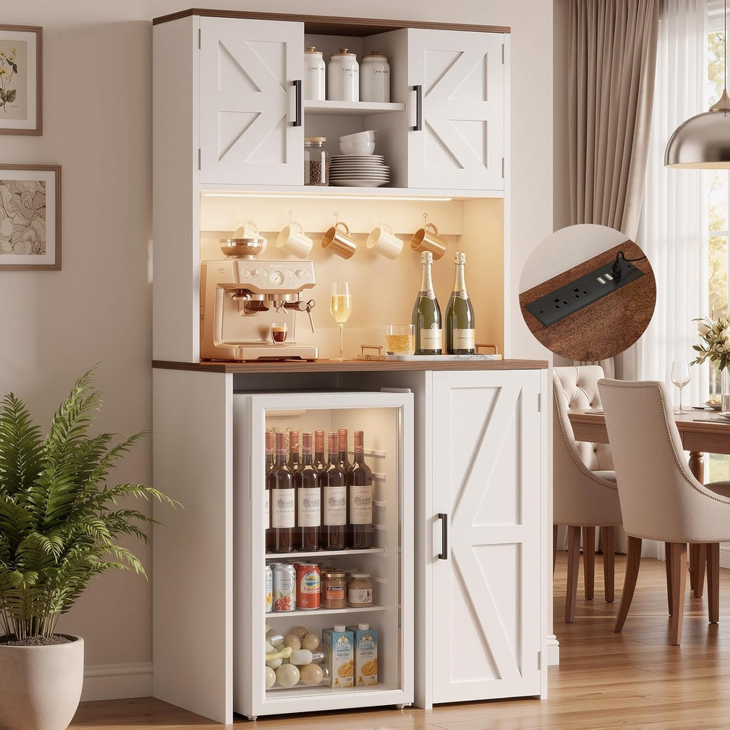 Unikito Mini Fridge Cabinet with Storage, Coffee Bar Cabinet with Outlet & Led Light, Liquor Wine Bar Stand with Mini Fridge Space & Microwave Shelf, Beverage Station for Kitchen Dorm Office, White