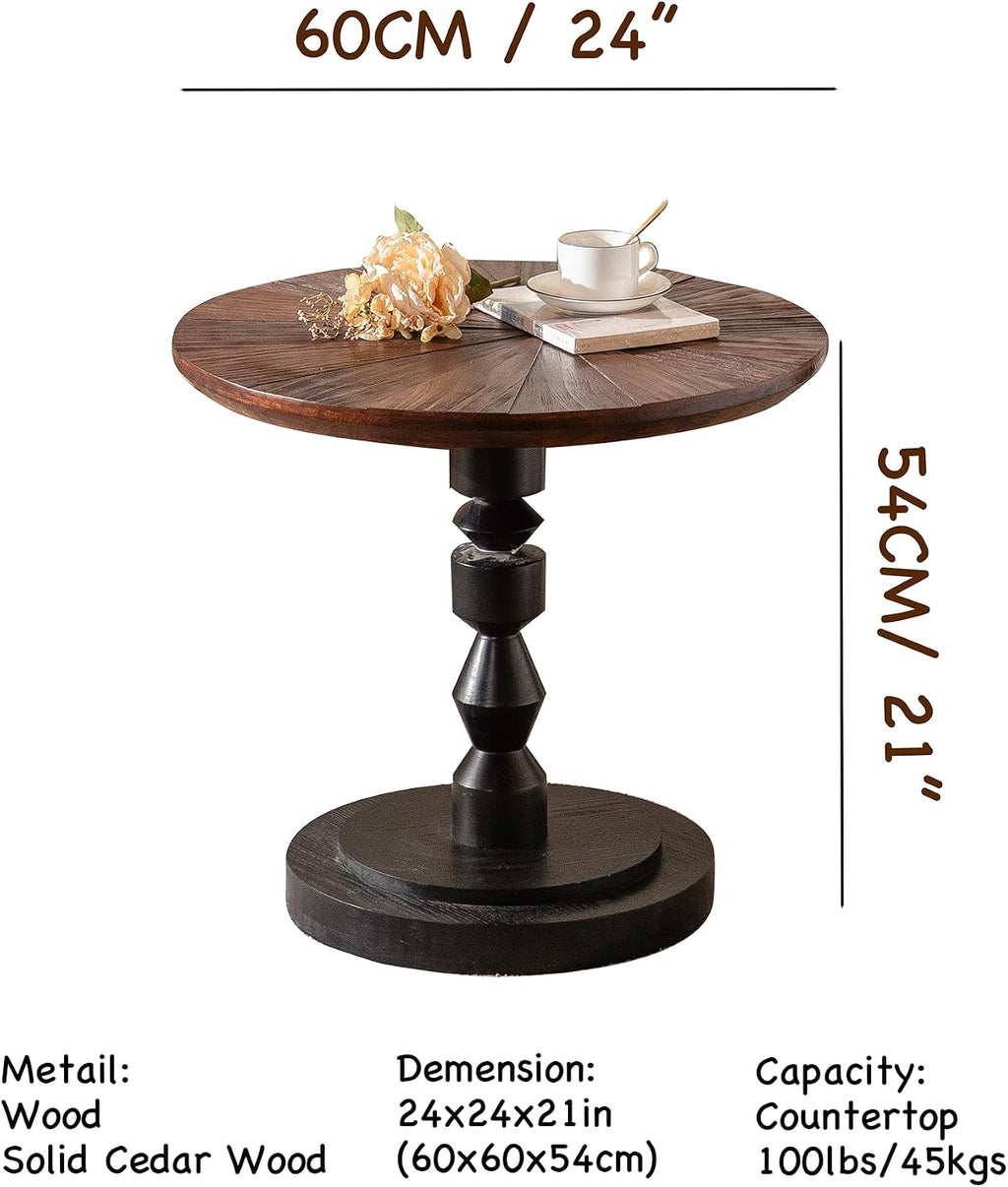 Round Side Table, Solid Cedar Wood Top with Pedestal Base, 24" Rustic Farmhouse End Table, Natural Brown and Black, for Living Room, Bedroom