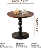 Round Side Table, Solid Cedar Wood Top with Pedestal Base, 24" Rustic Farmhouse End Table, Natural Brown and Black, for Living Room, Bedroom