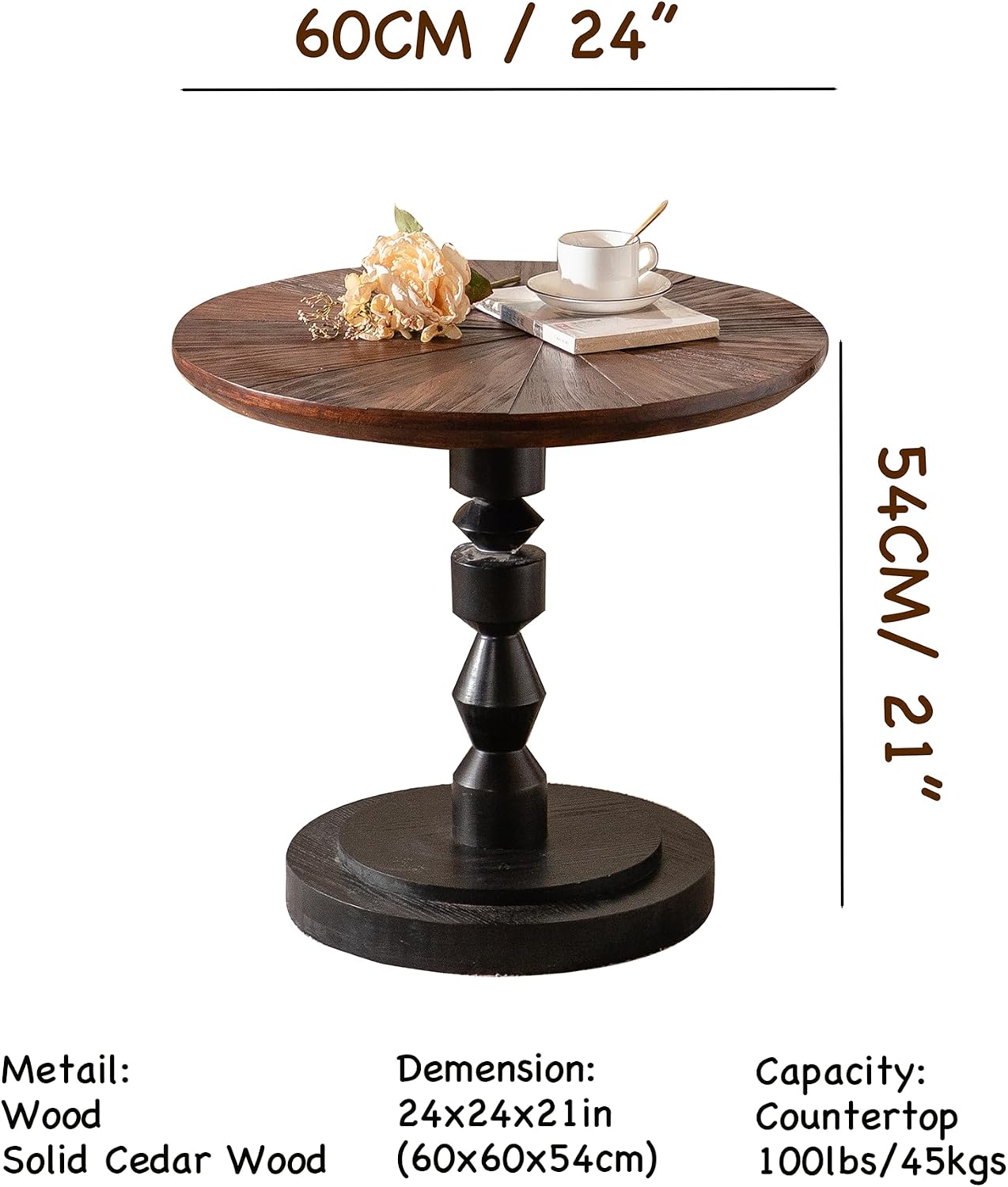 Round Side Table, Solid Cedar Wood Top with Pedestal Base, 24" Rustic Farmhouse End Table, Natural Brown and Black, for Living Room, Bedroom