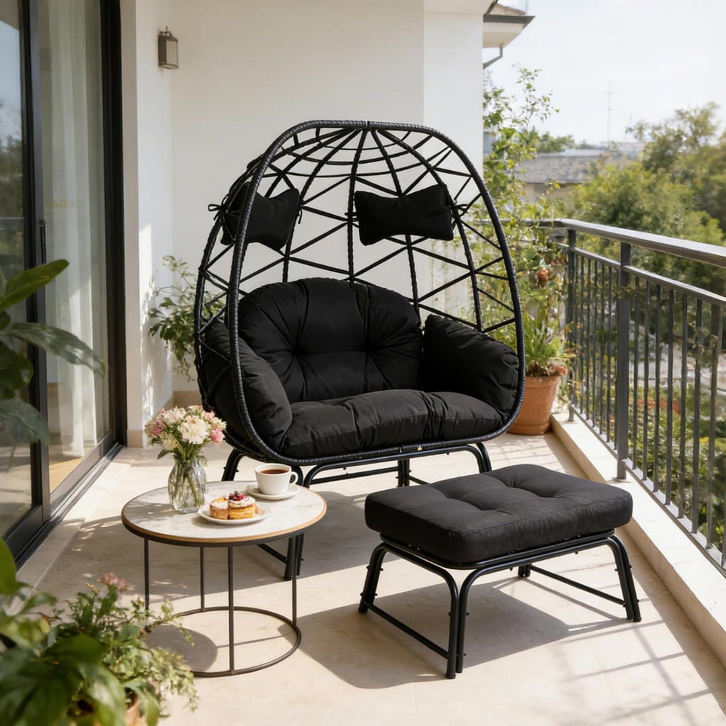 Double Wicker Egg Chair with Ottoman, Indoor Outdoor Egg Basket Lounge Chair with Thick Cushion, 650 lbs Capacity Oversized Rattan Egg Shaped Chair with Leg for Patio Balcony Garden (Black)