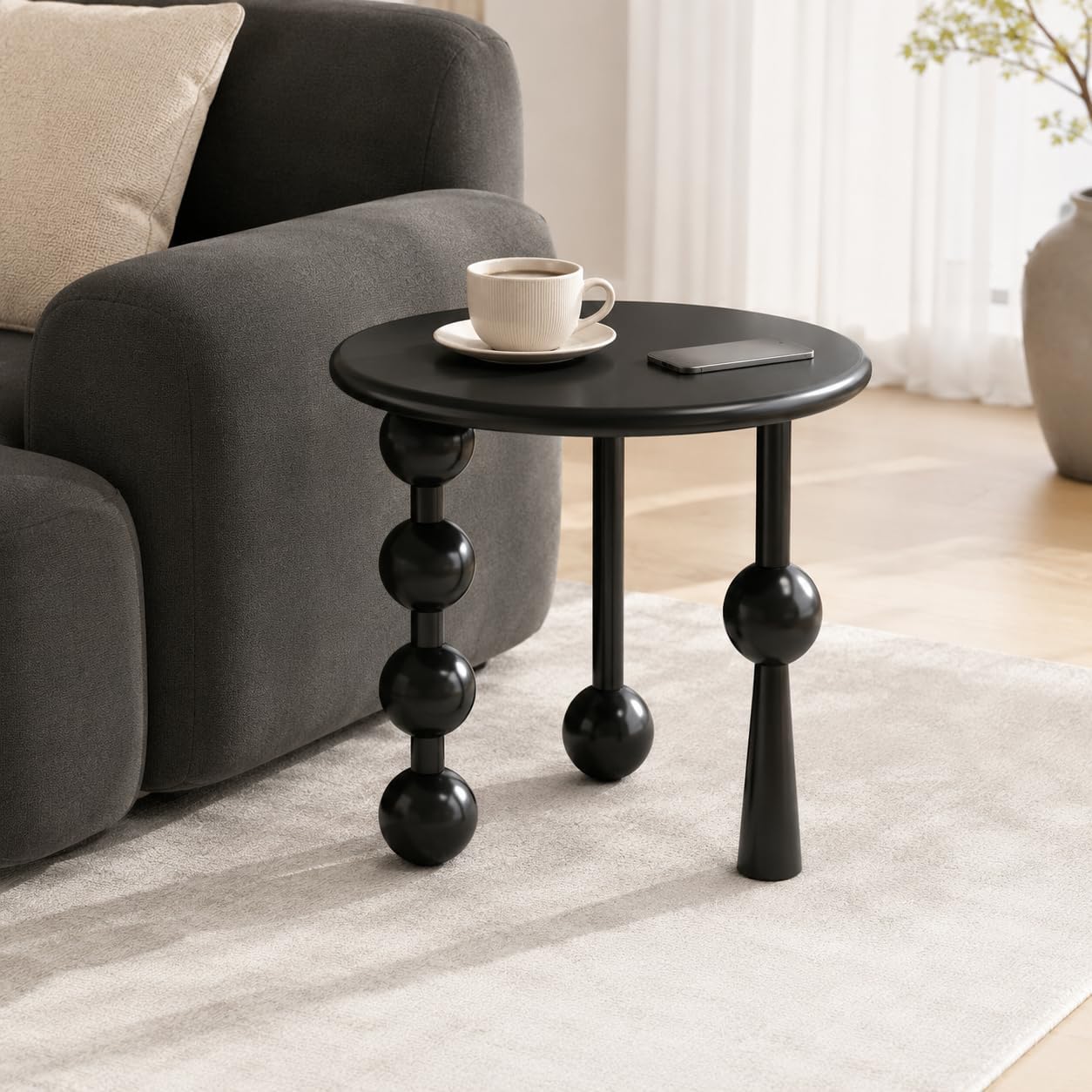 Modern Round Side Table for Living Room, 19.69" Solid Wood Side Table, Sofa Side Bedside Table with Funny Wood Globe Legs, Round Coffee End Table,(Black)