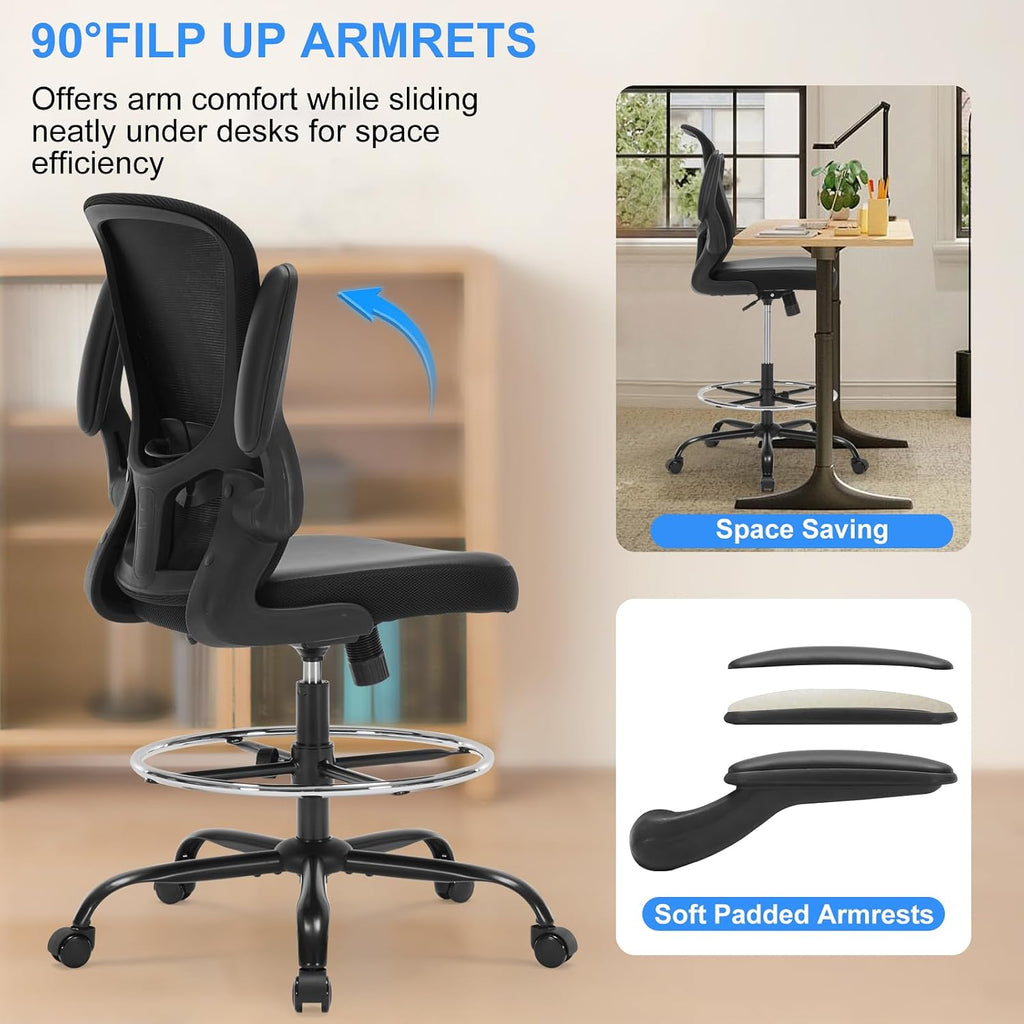 Ergonomic Drafting Chair, Standing Desk Chair with Lumbar Support Tall Office Chair with Flip-Up Arms Footrest Ring, Breathable Mesh High Desk Chair with PU Leather Seat Cushion, Black