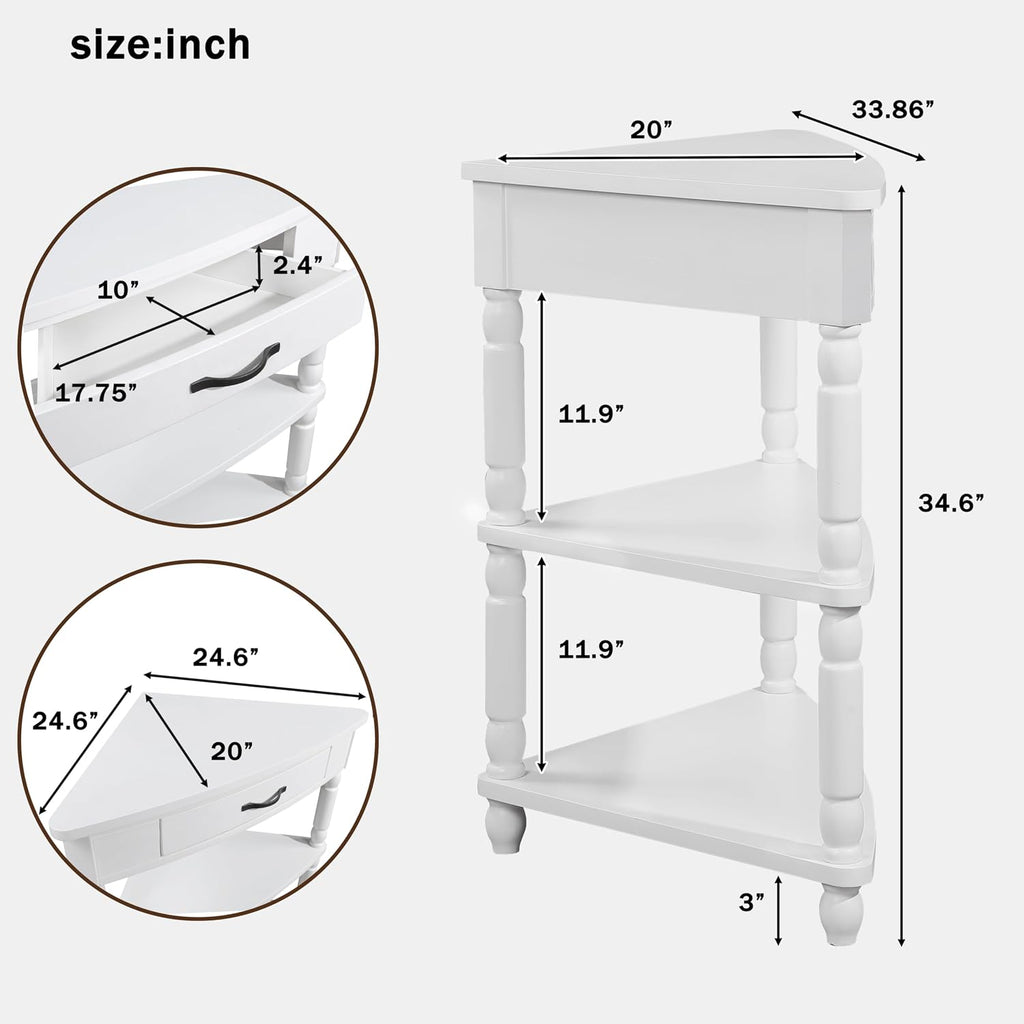 Corner Side Table, 3-Tier Triangle End Table with Drawer and Solid Wood Legs, 33.86" Small Space Storage, Milk White