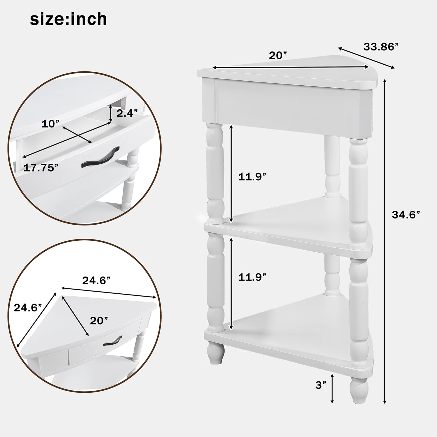 Corner Side Table, 3-Tier Triangle End Table with Drawer and Solid Wood Legs, 33.86" Small Space Storage, Milk White