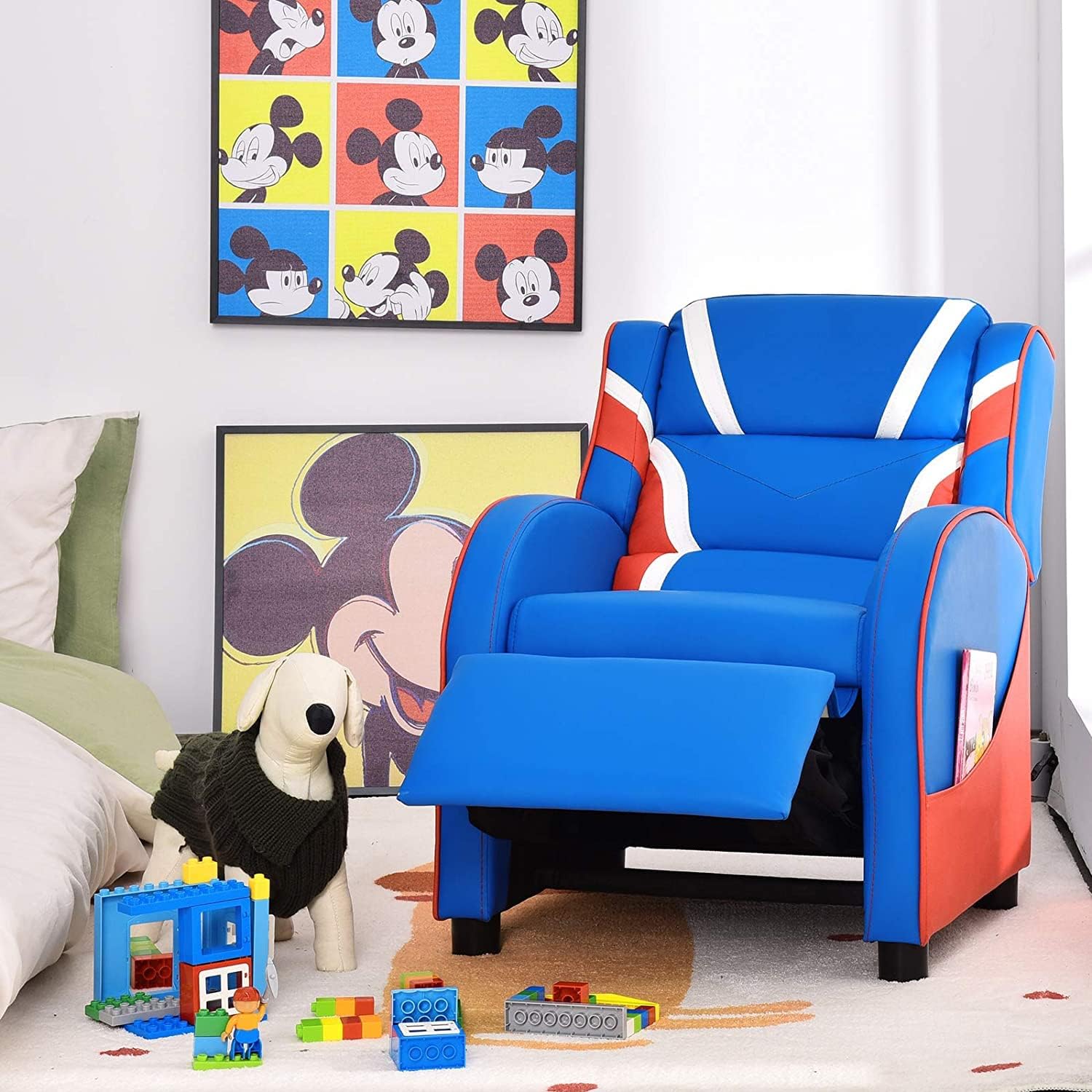 GLACER Kids Recliner, Youth Gaming Recliner w/Headrest, Footrest, Lumbar Support, Side Pockets, Adjustable Recliner Sofa for Kids, Toddler Lounge Chair for Living Room, Gaming Room Boys Girls (Blue)