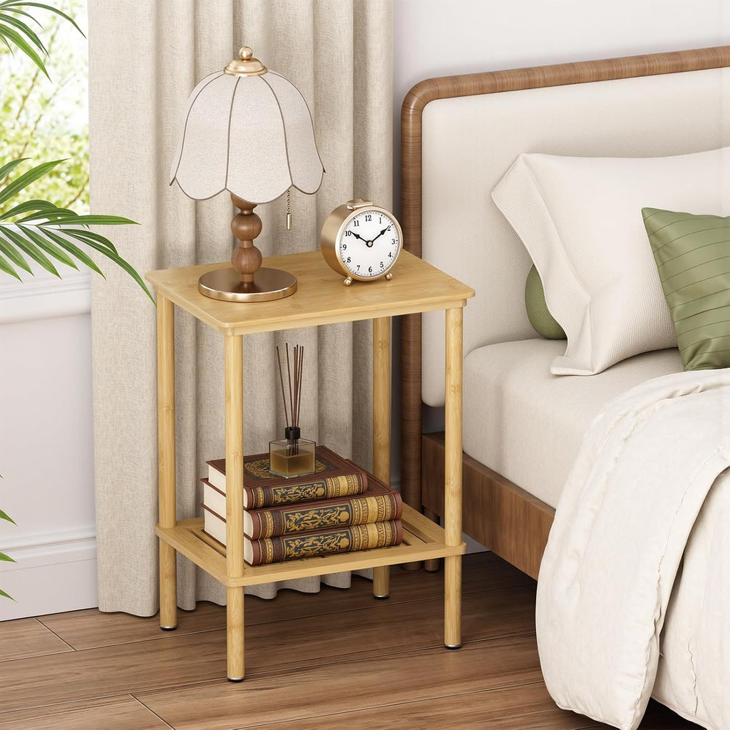 2 Tier Bamboo End Table, Narrow Side Table with Adjustable Feet, Waterproof Small Bedside Table, Nightstand, Entryway Table for Living Room Bedroom Bathroom, No Tool Assembly, 66LBS Capacity