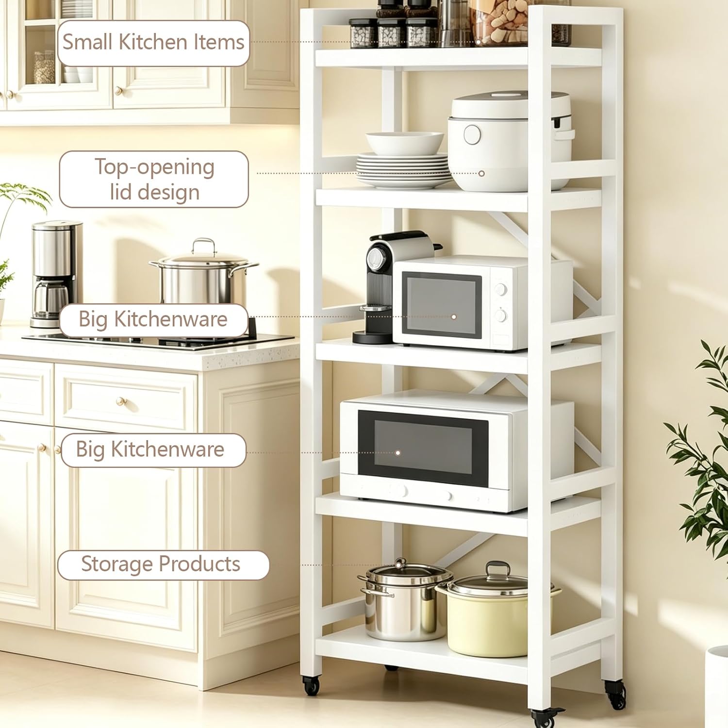 Kitchen Shelf 5 Tiers Metal Kitchen Bakers Rack Microwave Stand with Storage Cabinet Kitchen Shelves Kitchen Rack for Spices,Pots,Kitchen Rack for Kitchen, Entryway, Living Room