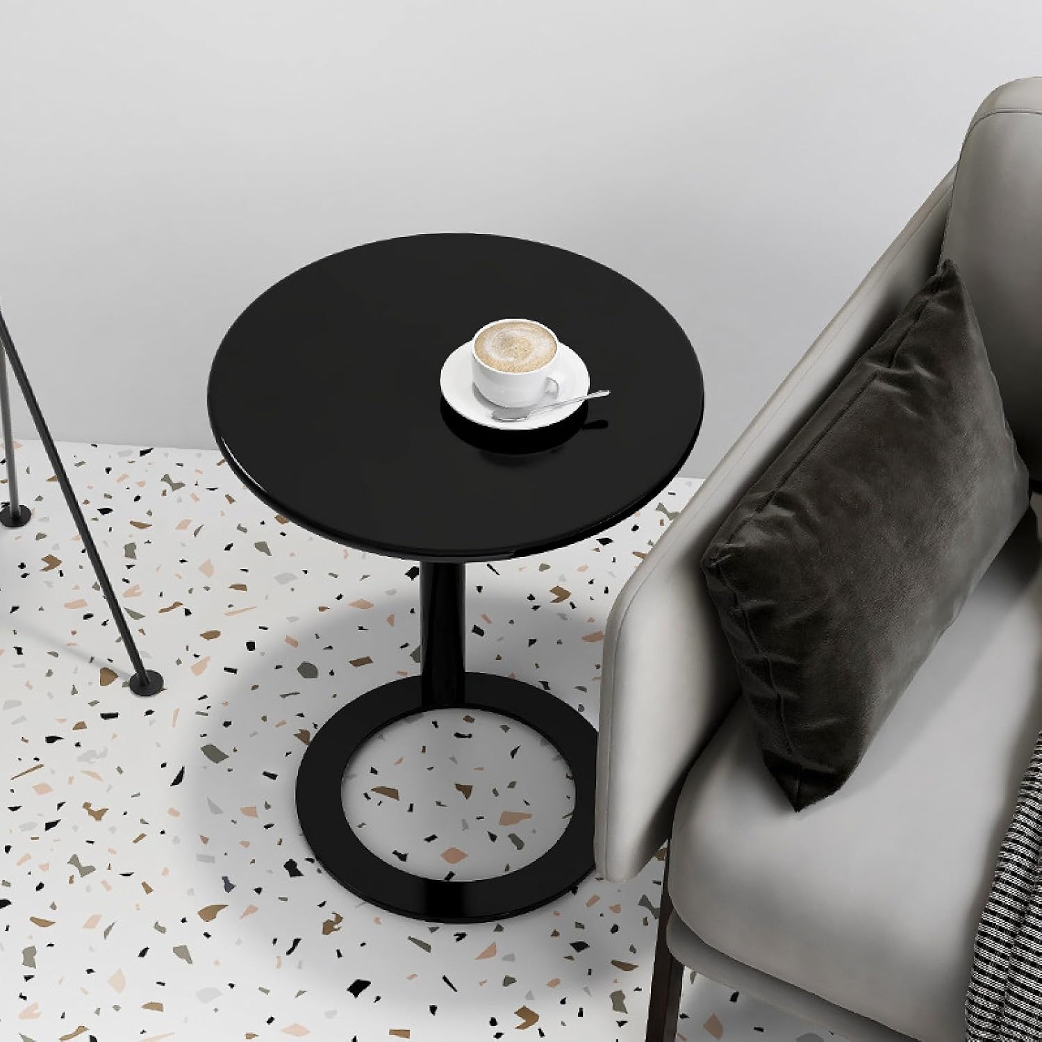 Round Side Table C-Shaped Side Table Sofa Side Table Round Coffee Table Bedside Table with Metal Frame Couch Table Bedside Laptop Office for Bedrooms with Small Spaces(48 * 56cm Black Matte)