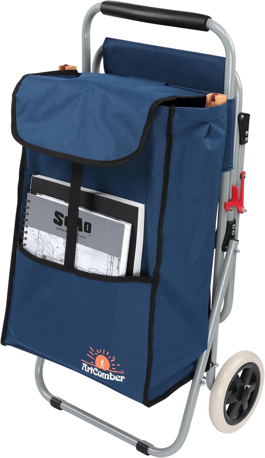 Creative Mark The ArtComber Foldable Chair Cart, Blue - Artist Trolley with Adult-Sized Seat, Portable Plein Air Rolling Chairs, Multi Use - Personal Shopping, Groceries, Painting, Travel, Beach