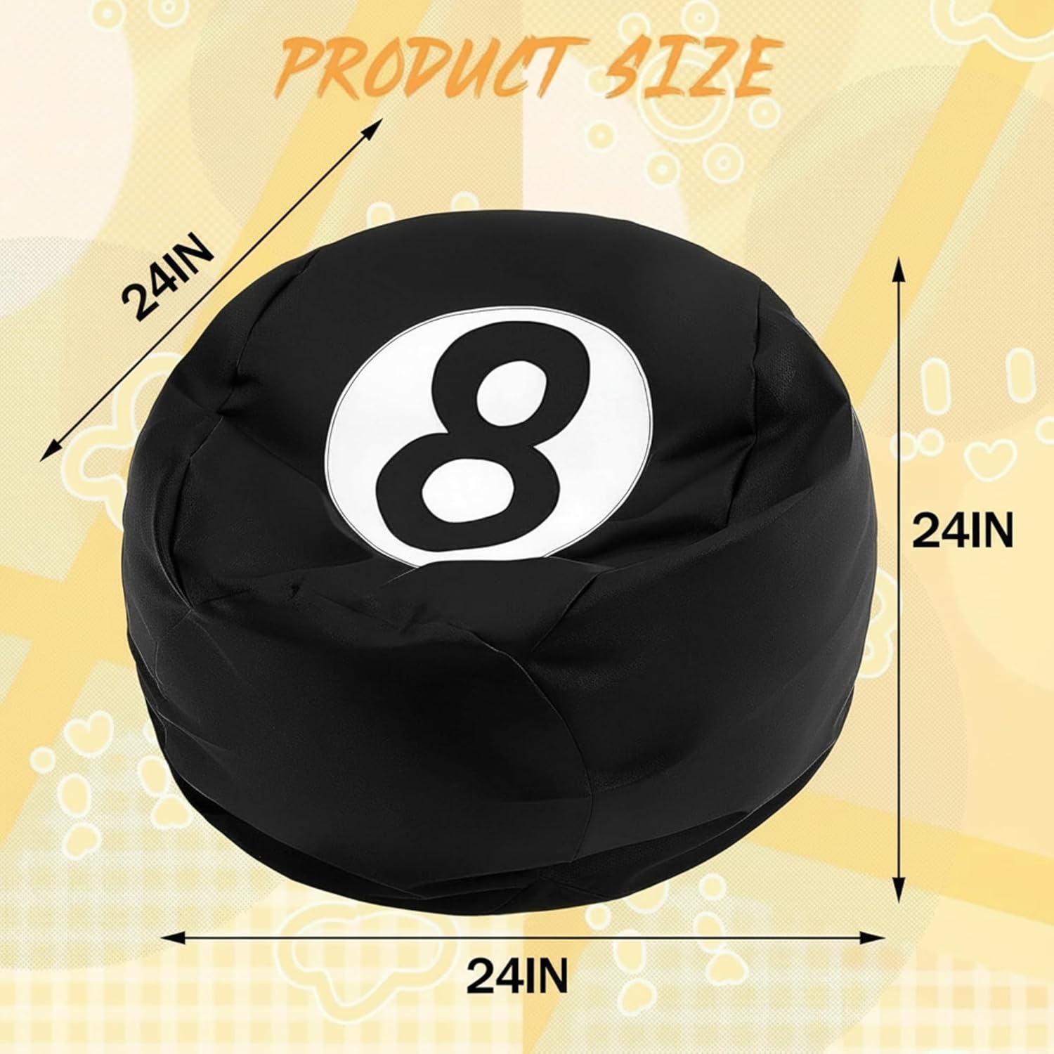 AceOrbit 8 Ball Bean Bag Chair Cover, Prize Gift Plush Toys Organizer, Black PU Leather 8 Ball Stuffed Animal Storage Bean Bag, Billiard Decor for Game Home Dorm Room Living Room (No Filling)
