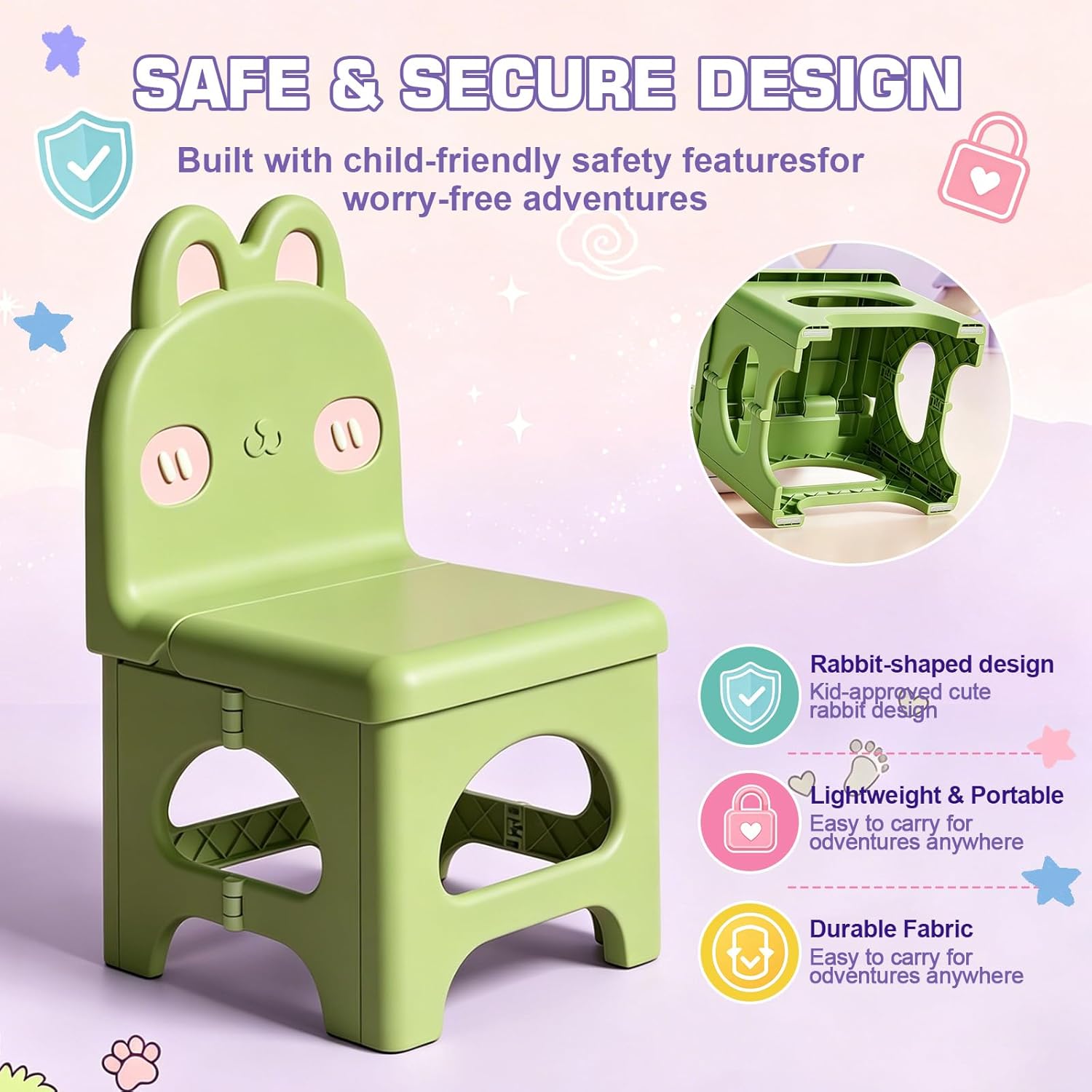 Kids Folding Chair, Ergonomic Small Chair for Toddlers, Durable Plastic Kids Chair for Home Classroom Camping, Lightweight Padded Seat (Green)