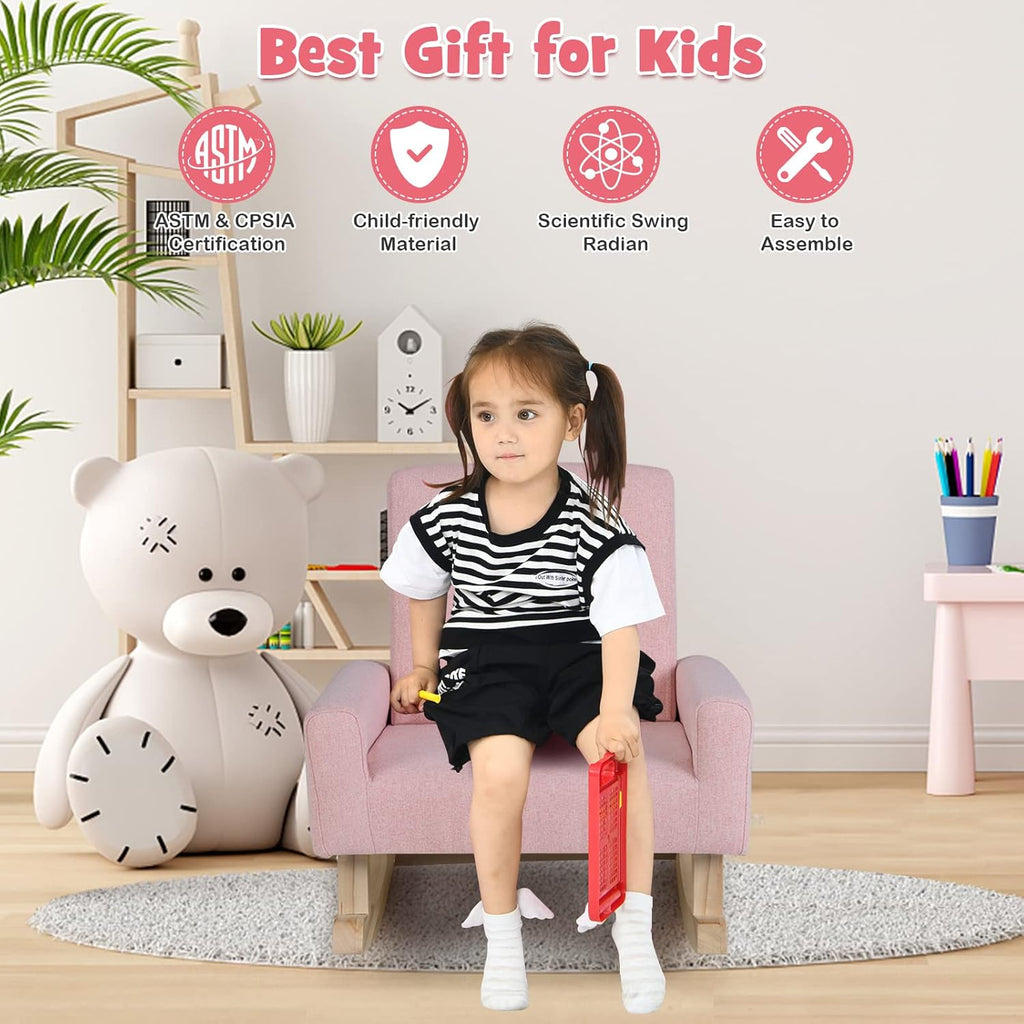 Costzon Kids Sofa, Toddler Rocking Chair with Solid Wood Frame, Linen Fabric, Anti-Tipping Design, Children Furniture Armchair for Kids Room, Nursery, Playroom, Preschool, Gift for Boys Girls (Pink)