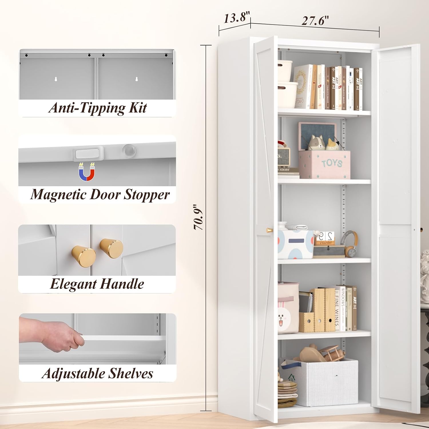 GREATMEET 71" Kitchen Pantry Storage Cabinet, Metal Garage Storage Cabinets with 2 Doors and Shelves, Tall Storage Cabinet, Laundry Room Cabinet, Food Pantry Cabinet, White