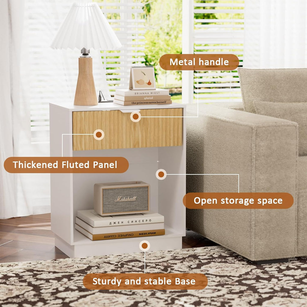 Fluted Nightstands Set of 2 with Charging Station, Wood Bedside Table with Drawer and Open Shelf, Mid Century End Table for Living Room, Bedroom, (White+Oak)