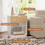 Fluted Nightstands Set of 2 with Charging Station, Wood Bedside Table with Drawer and Open Shelf, Mid Century End Table for Living Room, Bedroom, (White+Oak)