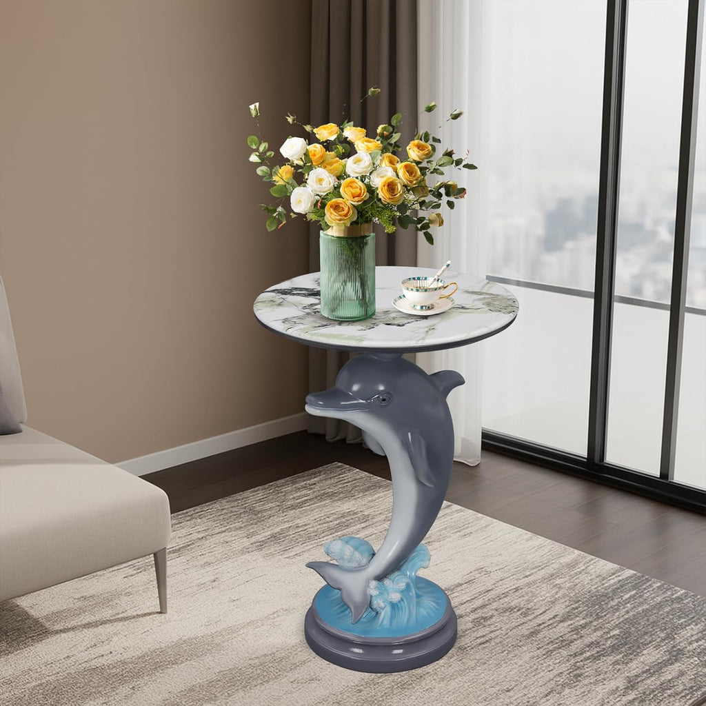 Artistic Dolphin Accent Table, Faux Marble Round Side Table, Playful Ocean Sculptural Pedestal End Table for Living Room Coastal Beach House Decor