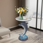 Artistic Dolphin Accent Table, Faux Marble Round Side Table, Playful Ocean Sculptural Pedestal End Table for Living Room Coastal Beach House Decor