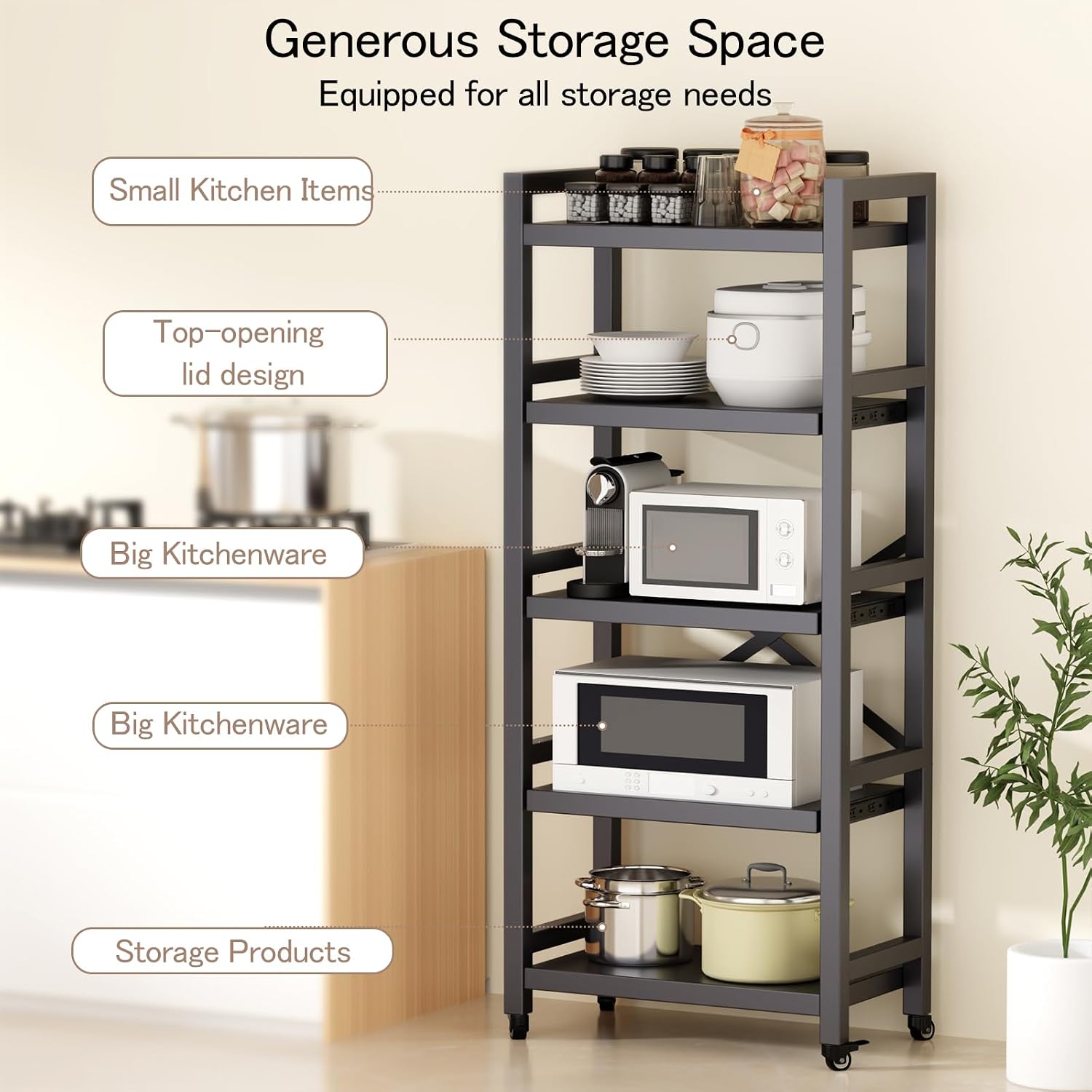 Kitchen Shelf Organizer 5 Tiers Metal Kitchen Bakers Rack Microwave Stand with Storage Cabinet Kitchen Shelves Kitchen Rack for Spices,Pots,Kitchen Rack for Kitchen, Entryway, Living Room