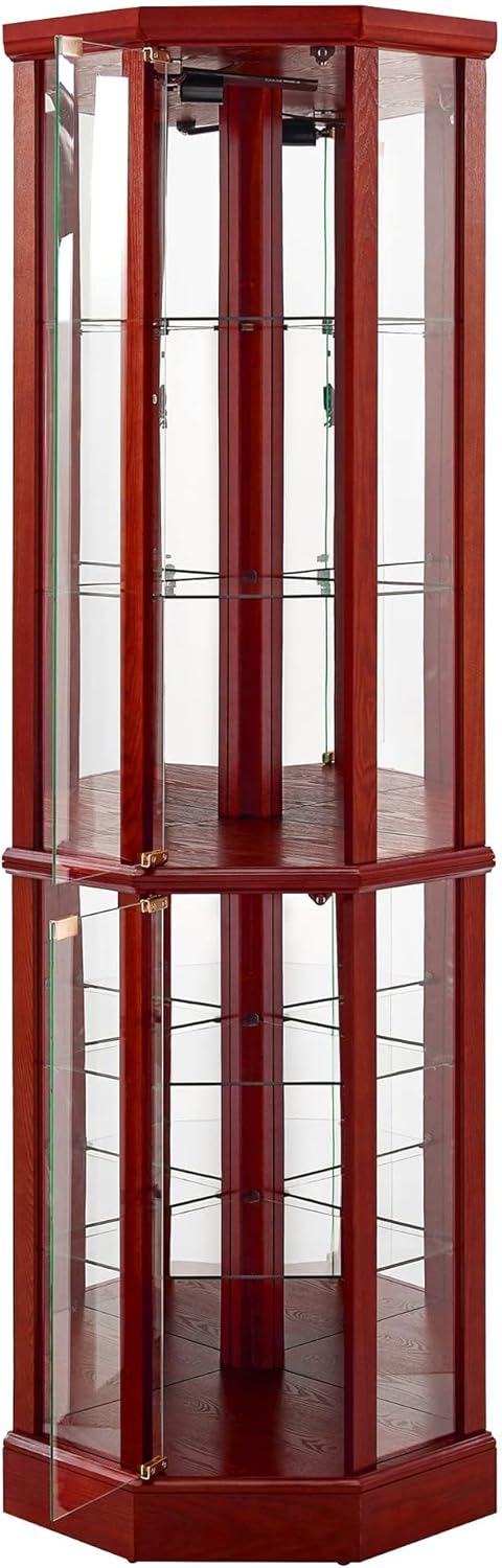 Corner Curio Cabinet, 70" Tall Lighted Glass Display Cage with Tempered Glass Doors and 5 Adjustable Shelves, Wine Bar China Cabinet for Living Room (E26 Bulb Not Inclued) (Cherry & Style 2)