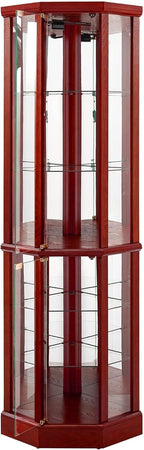 Corner Curio Cabinet, 70" Tall Lighted Glass Display Cage with Tempered Glass Doors and 5 Adjustable Shelves, Wine Bar China Cabinet for Living Room (E26 Bulb Not Inclued) (Cherry & Style 2)