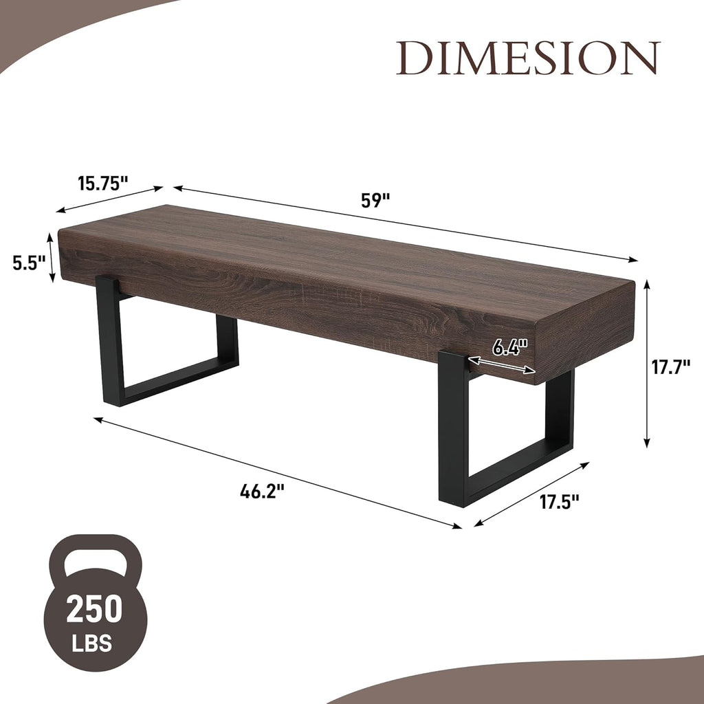 59" Dining Bench, Farmhouse Indoor Kitchen Table Benches, Industrial Shoe Bench, Entryway Benches, Black + Dark Walnut