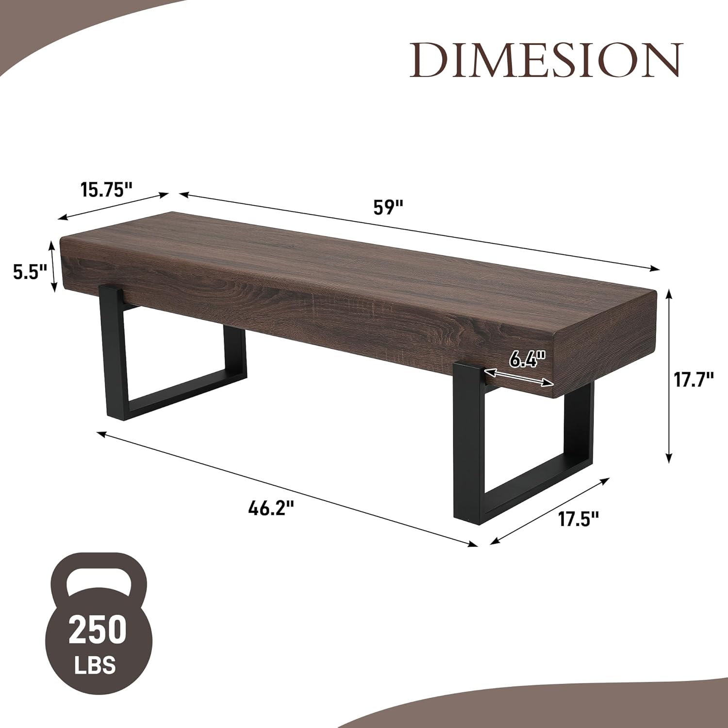 59" Dining Bench, Farmhouse Indoor Kitchen Table Benches, Industrial Shoe Bench, Entryway Benches, Black + Dark Walnut