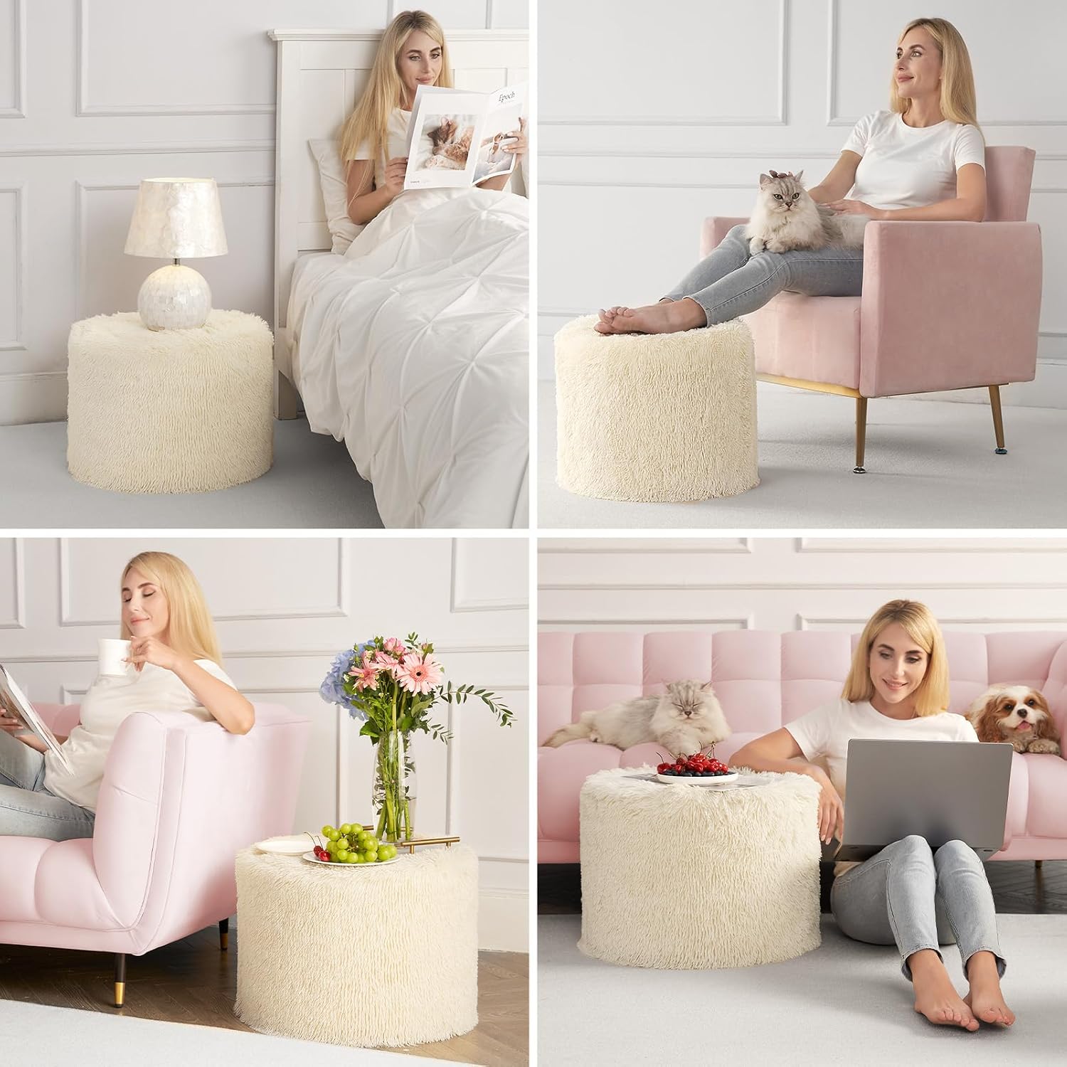 Hansleep Round Pouf Ottoman Foot Rest, Footstool, 17 x 14 Inch, Beige | High-Density One-Piece Foam, Firm & Stable, for Couch, Bedroom, Living Room, Mechine Washable Cover