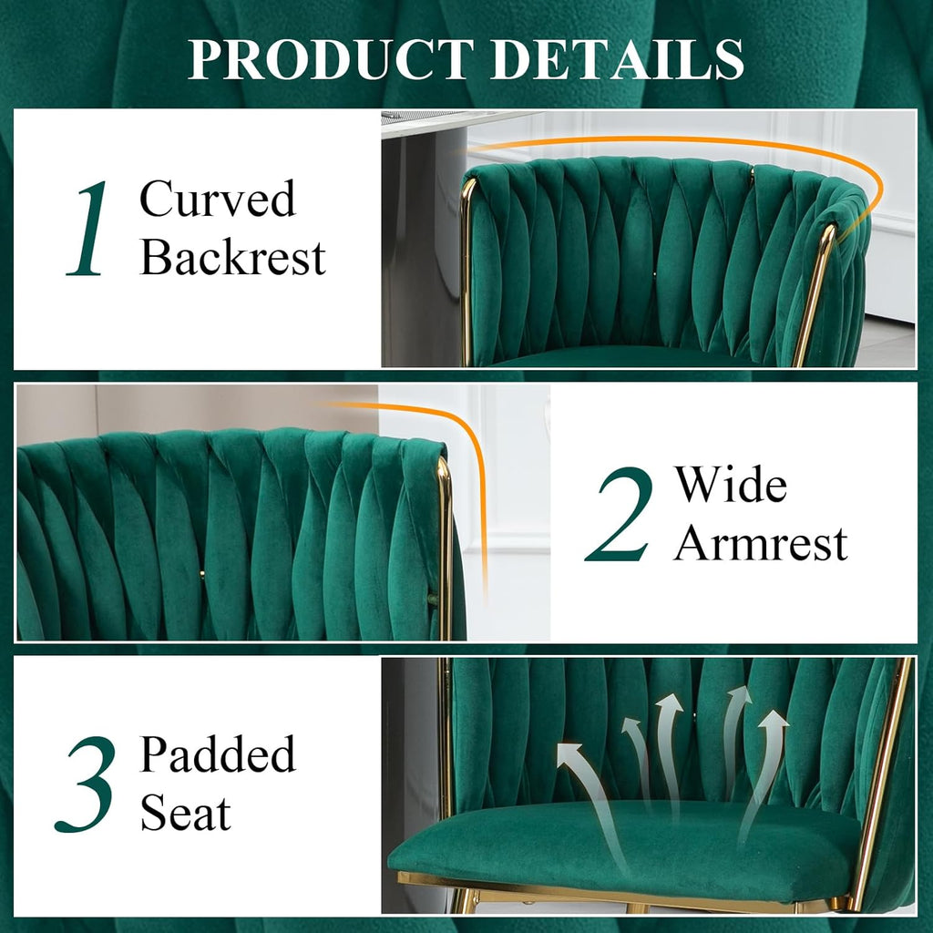 NIOIIKIT Modern Velvet Dining Chairs Hand Weaving Accent Chairs Living Room Chairs Upholstered Side Chair with Golden Metal Legs for Dining Room Kitchen Vanity Living Room (Emerlad)