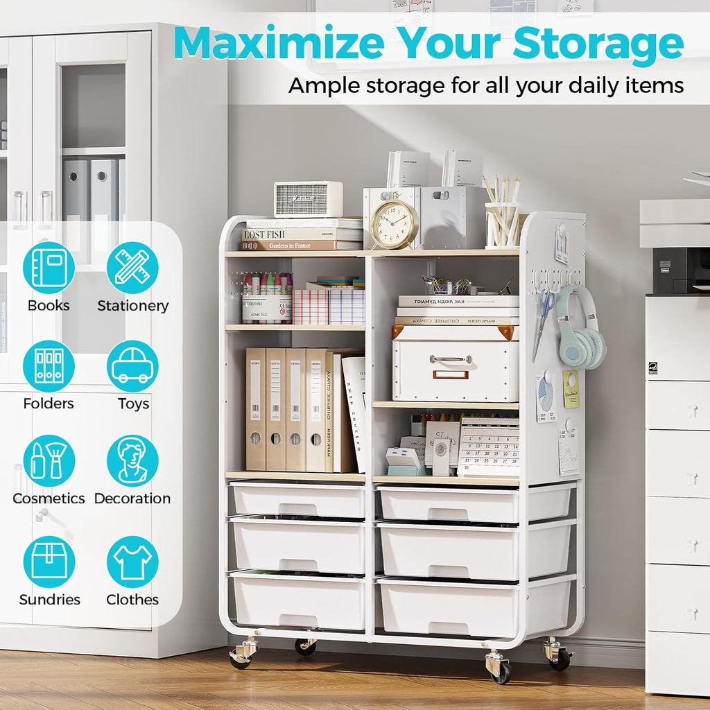 6-Drawer Rolling Storage Cabinet with Wooden Top & Pegboards，Utility Craft Cart with 2 Adjustable Shelves and Lockable Wheels,Mobile Organizer for School Dorm,Classroom,Artroom,Craftroom (White)