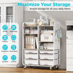6-Drawer Rolling Storage Cabinet with Wooden Top & Pegboards，Utility Craft Cart with 2 Adjustable Shelves and Lockable Wheels,Mobile Organizer for School Dorm,Classroom,Artroom,Craftroom (White)