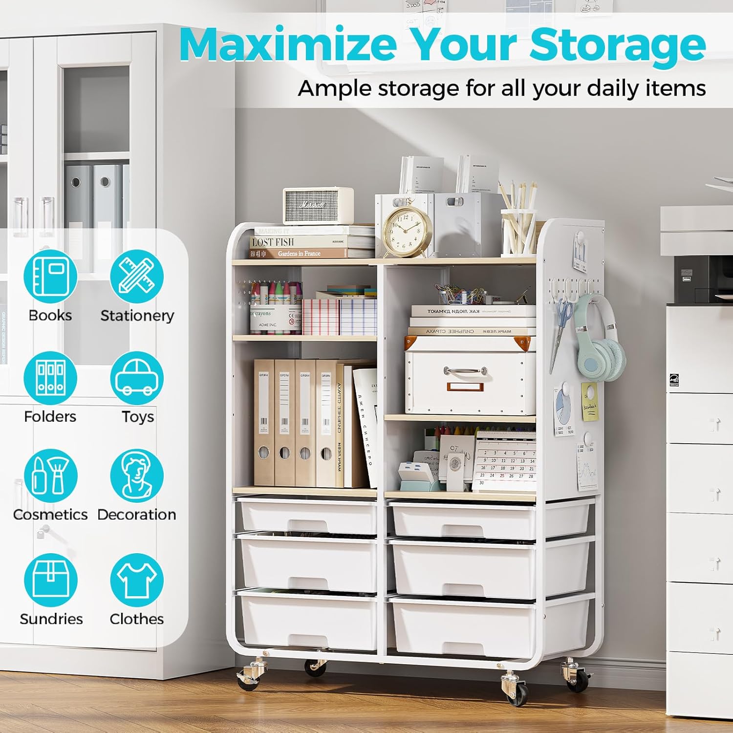 6-Drawer Rolling Storage Cabinet with Wooden Top & Pegboards，Utility Craft Cart with 2 Adjustable Shelves and Lockable Wheels,Mobile Organizer for School Dorm,Classroom,Artroom,Craftroom (White)