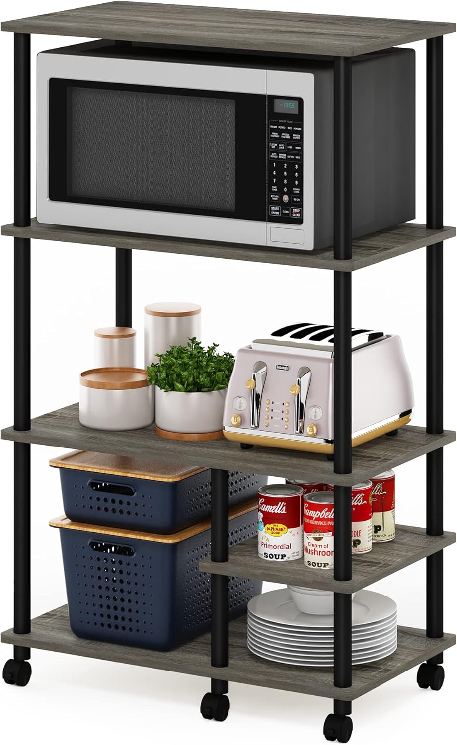 Furinno Turn-N-Tube Bakers Rack with Wheels, 4-Tier Kitchen Storage Cart, Kitchen Cart, Coffee Bar, Pantry Organizers and Storage, Grey Oak