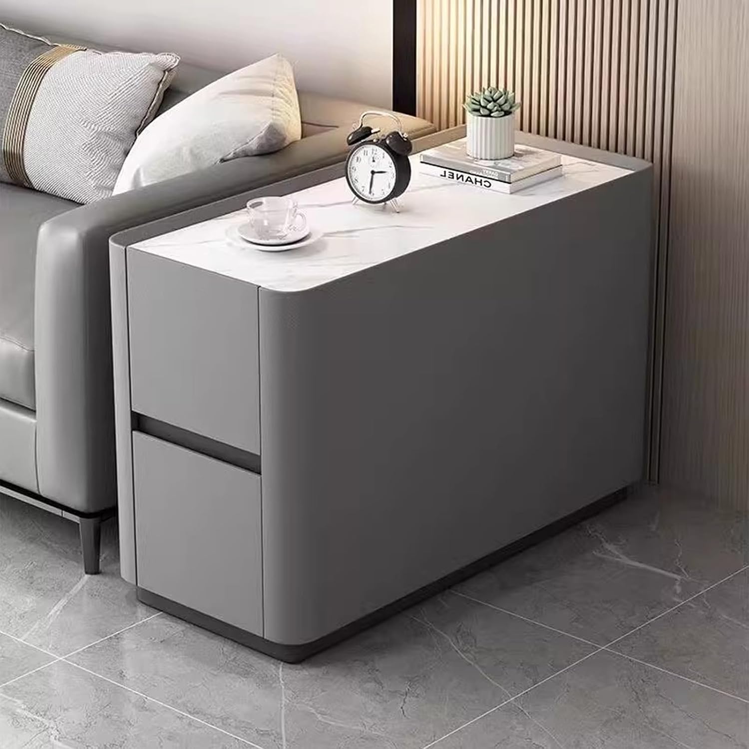 31.5" Leather Sofa Side Table with Storage, Waterproof Narrow end Table with Silent Rails, No Assembly for Living Room Bedroom Office(Gray,31.5x11.8x21.6in)