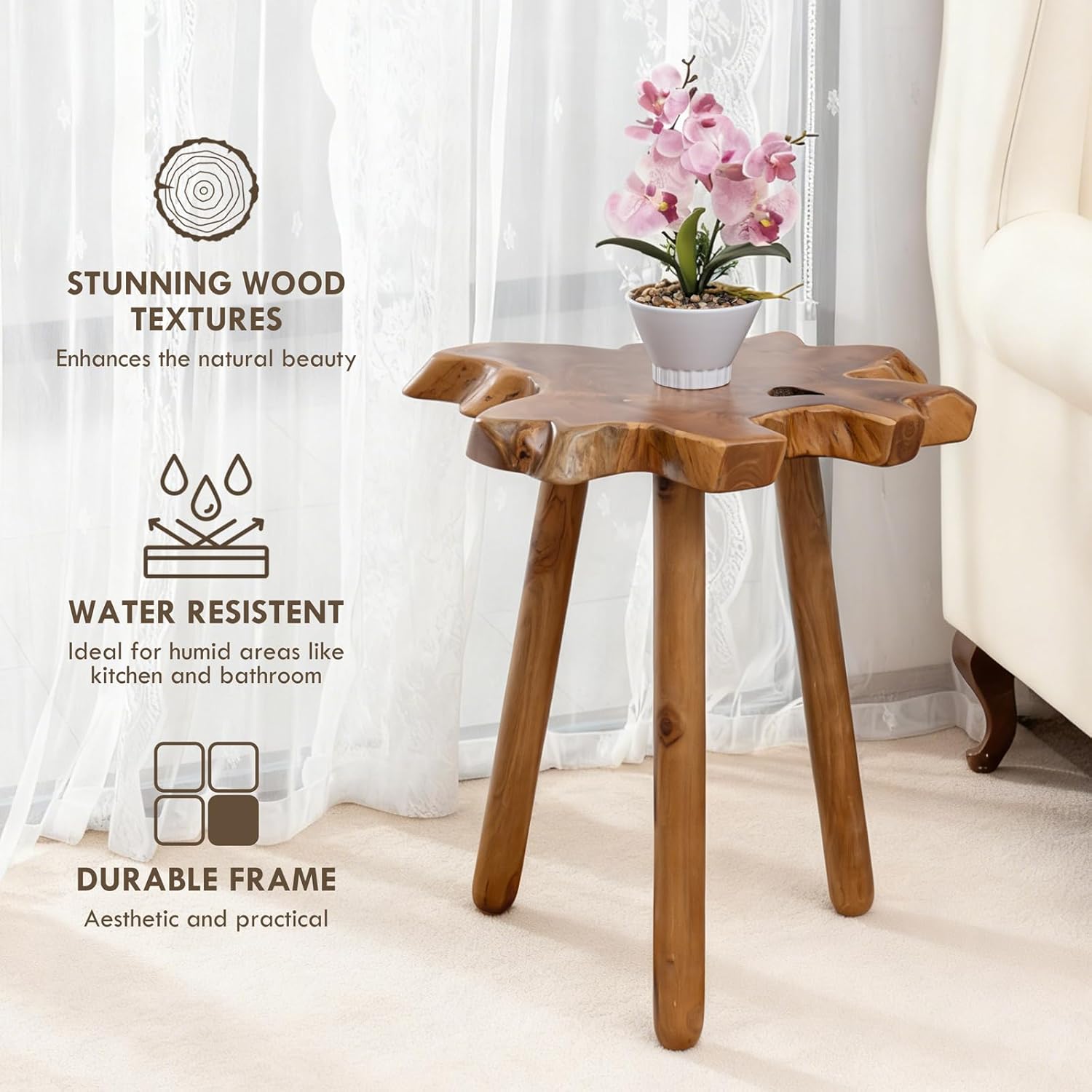 Natural Teak Wood Live Edge Side Table with Wood Legs – Rustic Side Table for Living Room, Bedroom – Sturdy Real Teak Wood End Table, Easy to Assemble (18" x 20" x 20")