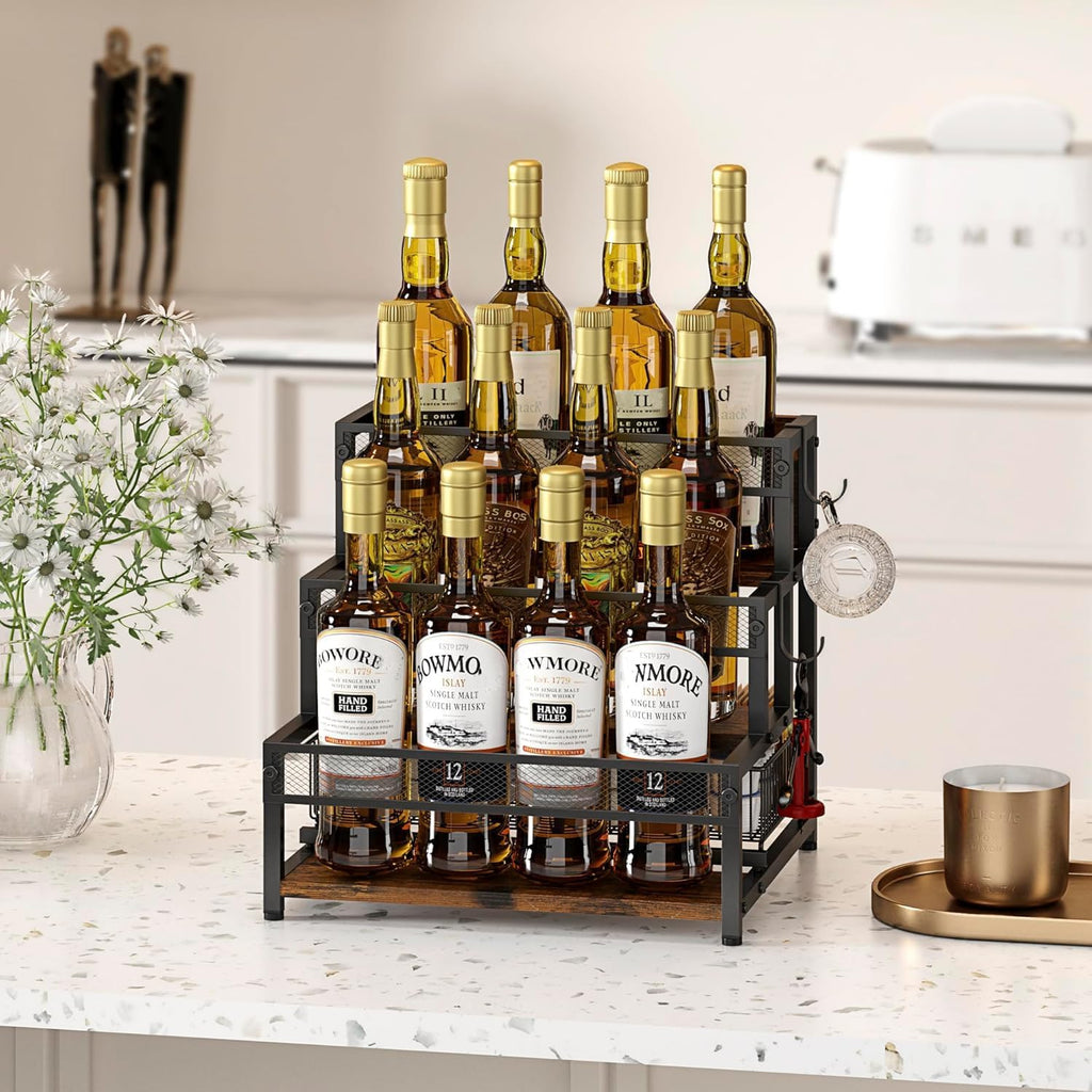LOTEYIKE 3 Tier Coffee Syrup Rack Organizer, 12 Water Bottles Holder Stand Liquor Cabinet Storage, Wine Rack Countertop Storage Rack Coffee Bar Cabinet for Kitchen