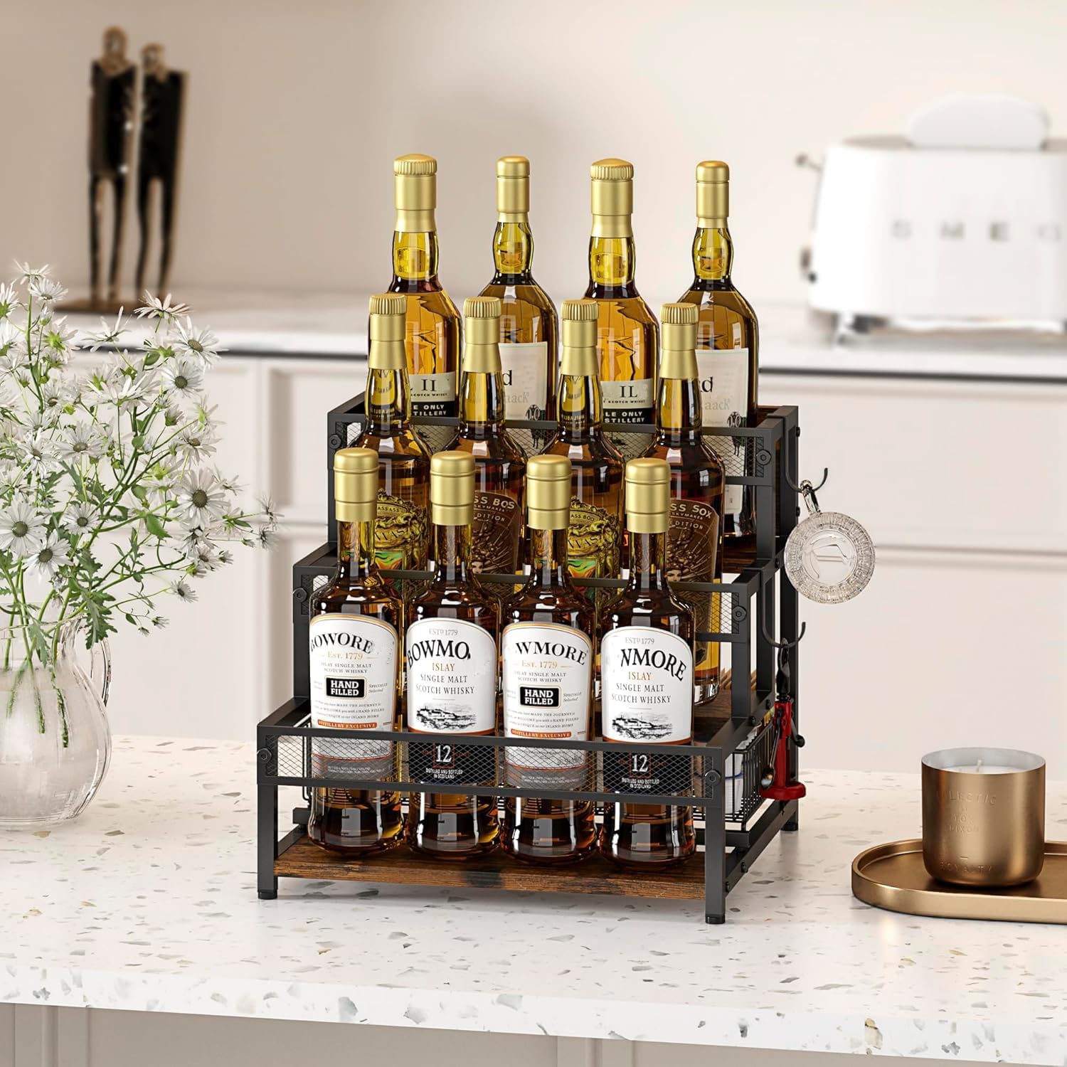 LOTEYIKE 3 Tier Coffee Syrup Rack Organizer, 12 Water Bottles Holder Stand Liquor Cabinet Storage, Wine Rack Countertop Storage Rack Coffee Bar Cabinet for Kitchen