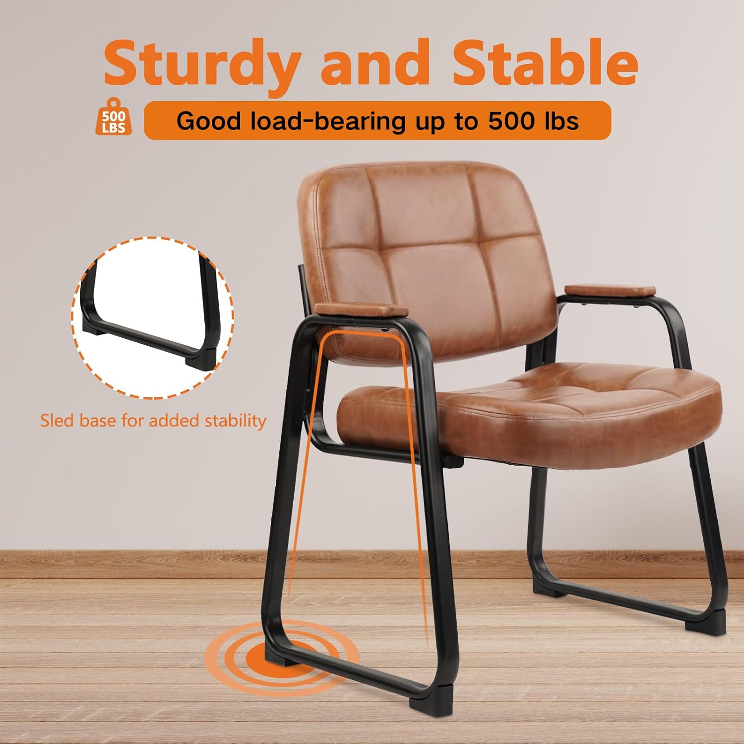 CLATINA Big & Tall 500 lbs Waiting Room Chairs with Padded Armrests and Sled Base, Leather Stationary No Wheels Office Guest Chair for Reception Lobby Home and Meeting Conference, Brown (2 Pack)