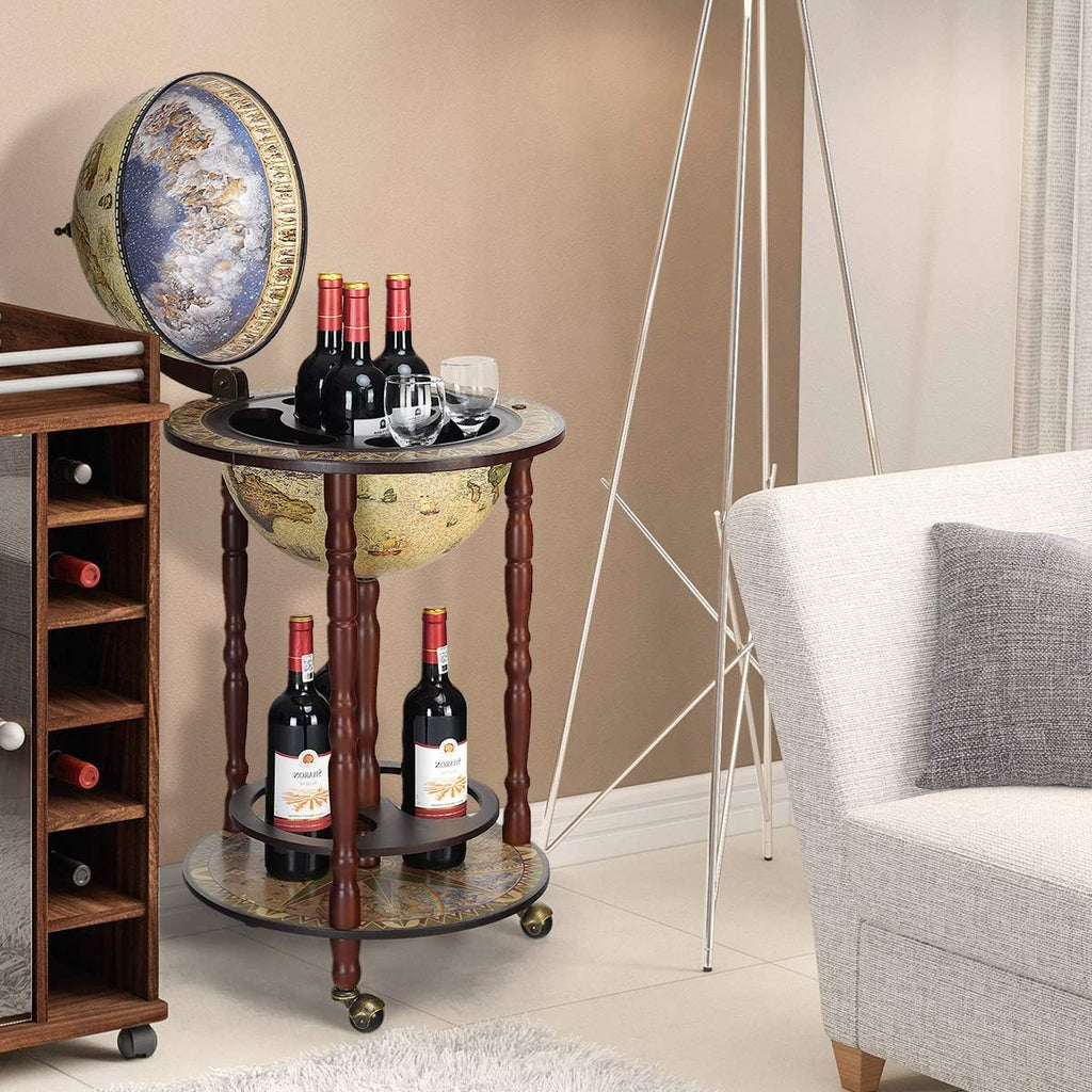 TANGZON 330MM/360MM Globe Drinks Cabinet, Movable Whisky Wine Spirits Cabinet with Casters, Wine Container Minibar Storage Wooden Cart (Cream)