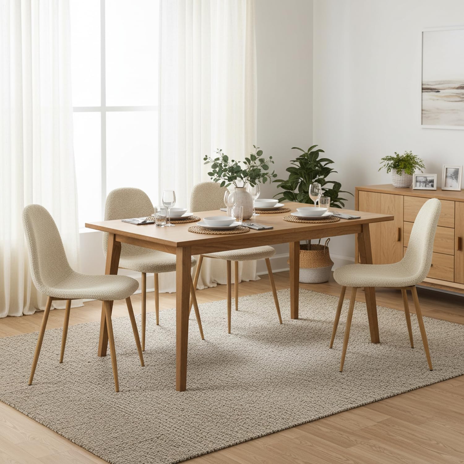 FurnitureR Modern Mid Century Leathaire Upholstered Kitchen Dining Chair, Armless Leisure Accent Chair with Black Metal Legs Space Saving for Dining Kitchen Living Room (Beige Chenille, Set of 4)