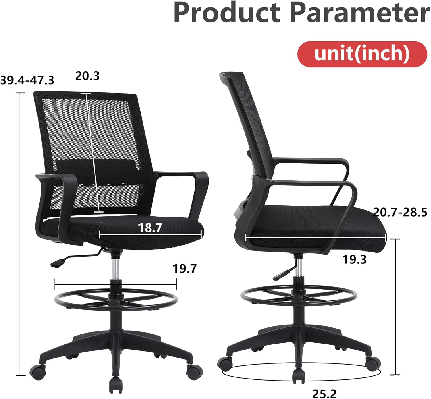 BestOffice Drafting Chair Tall Office Chair Adjustable Swivel Rolling Mesh Height with Lumbar Support Arms Footrest Mid Back for Adults Standing Desk Drafting Stool(Black)