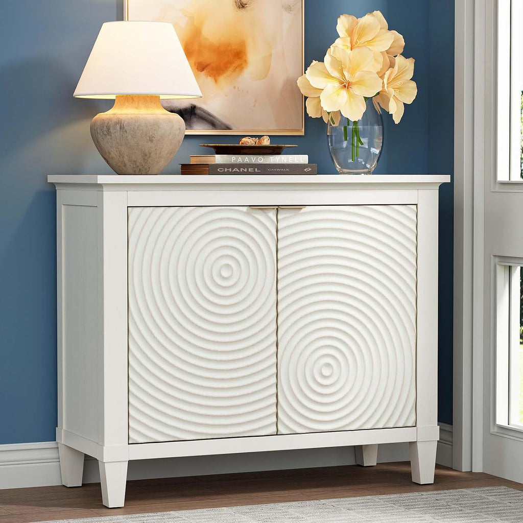 40" Coffee Bar Cabinet with Shelf, Craft Storage Cabinet with Doors, Wood Cabinet, Charming Carved Motif, Entry Way Cabinet with Storage, Sideboard Buffet for Living Room (Annual rings, White)