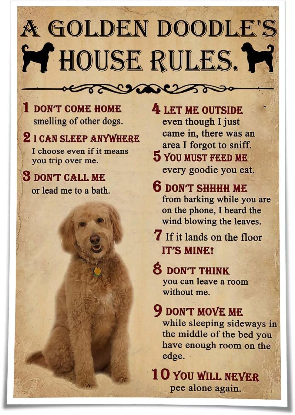 Panfegzi Golden Doodle Dog House Rules Retro Poster Wall Art Pictures for Bedroom Deco Home Canvas Colouring Painting Decoration Print Artwork Giclee (16.00''x24.00'',Unframed)
