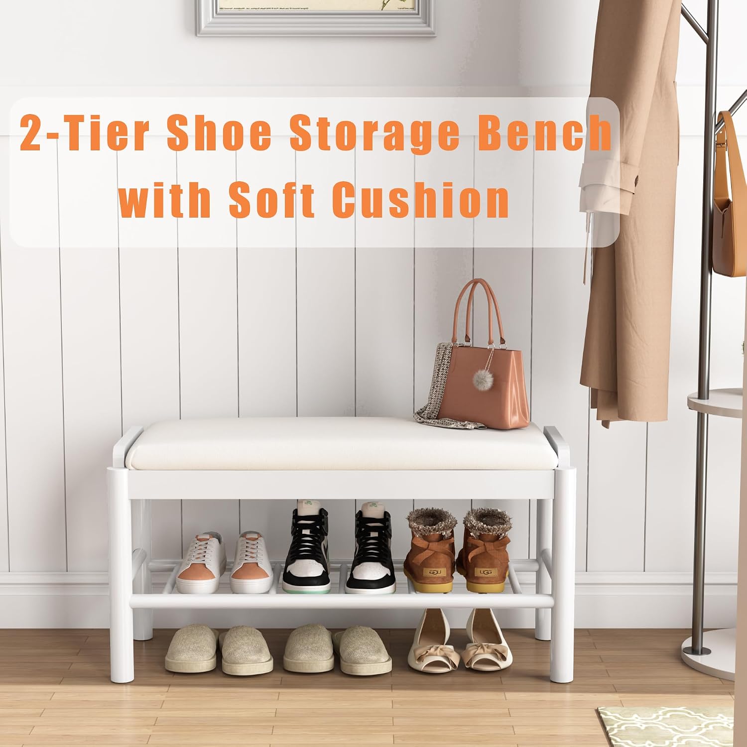 Shoe Storage Bench with Cushion - 2 Tier Shoe Rack for Front Door Entrance, Wood Shoes Rack, Entryway Bench with Shoes Storage for Closet,Hallway,Bedroom&Living Room(White, 31.5" W)