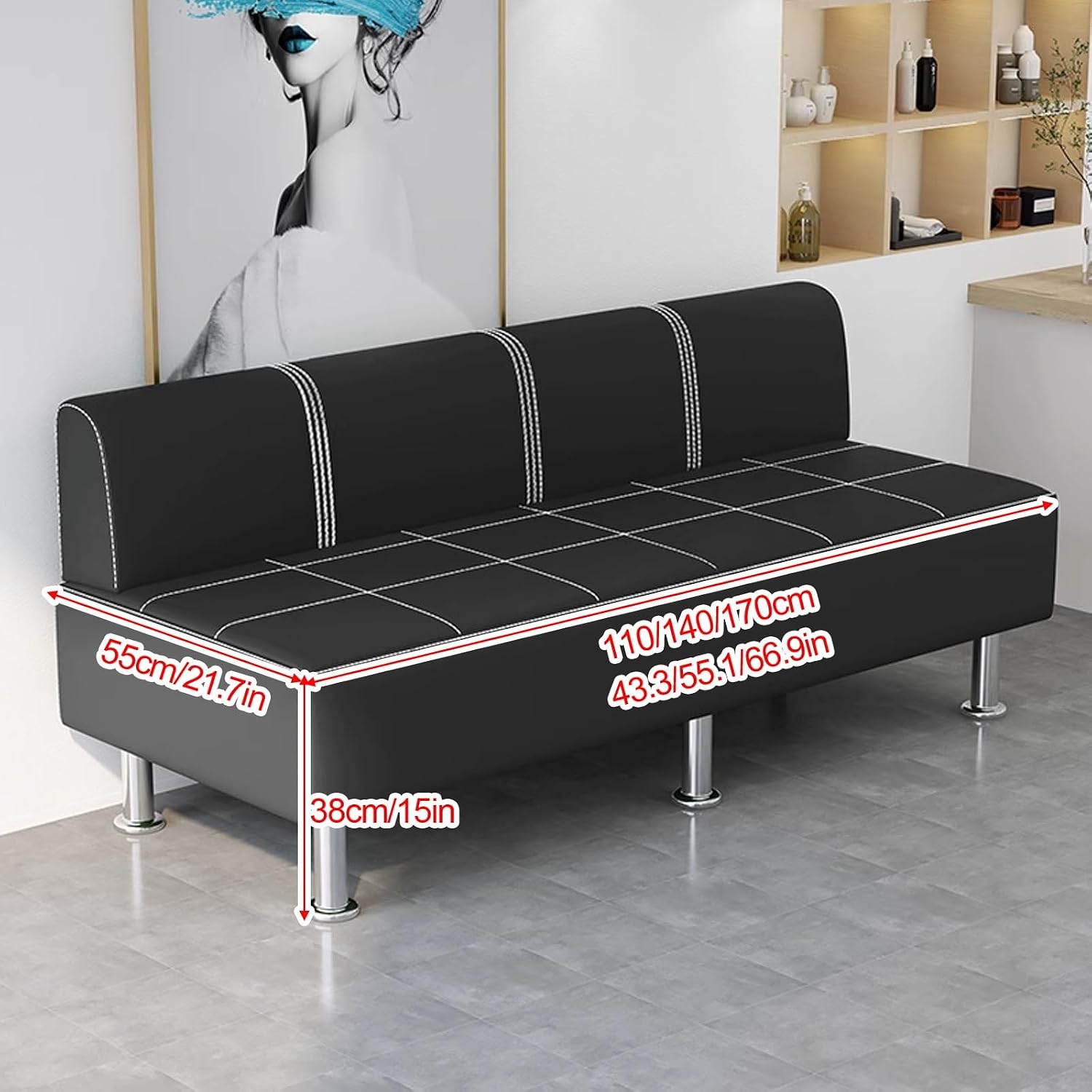 Office Reception Chairs, Waiting Room Benches, and Faux Leather Benches,Ideal for Clinics, Airports, Hospitals, Salons, Banks, Barbershops, and Beauty Salons(Black,66.9x21.7in)