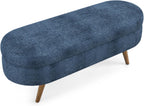 Oval Storage Ottoman Bench, Linen Upholstered Hidden Storage Footstool, Multi-Functional End of Bed Bench for Entryway Living Room Bedroom, Modern Home Decor Furniture (Dark Blue)