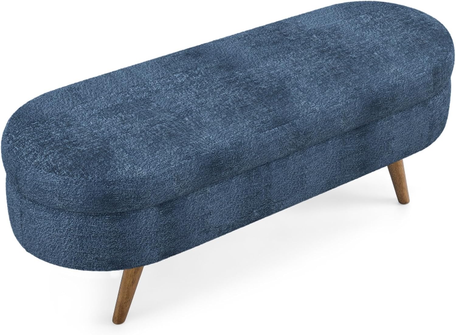 Oval Storage Ottoman Bench, Linen Upholstered Hidden Storage Footstool, Multi-Functional End of Bed Bench for Entryway Living Room Bedroom, Modern Home Decor Furniture (Dark Blue)
