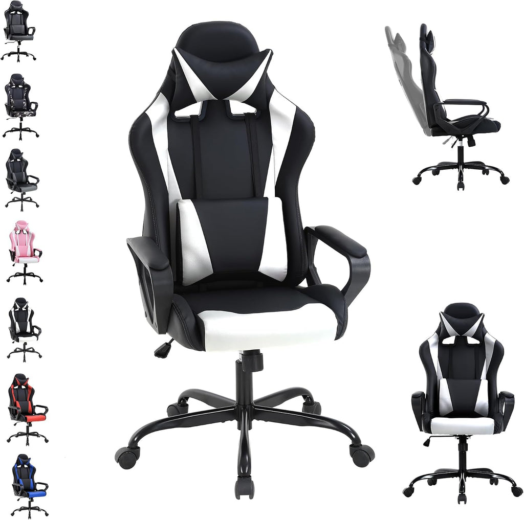 Gaming Chair, Video Game Chair, Cheap Computer Gaming Chair PU Leather High Back PC Gaming Chair Ergonomic Racing Swivel Office Desk Chair with Headrest and Lumbar Support for Adults Kids White