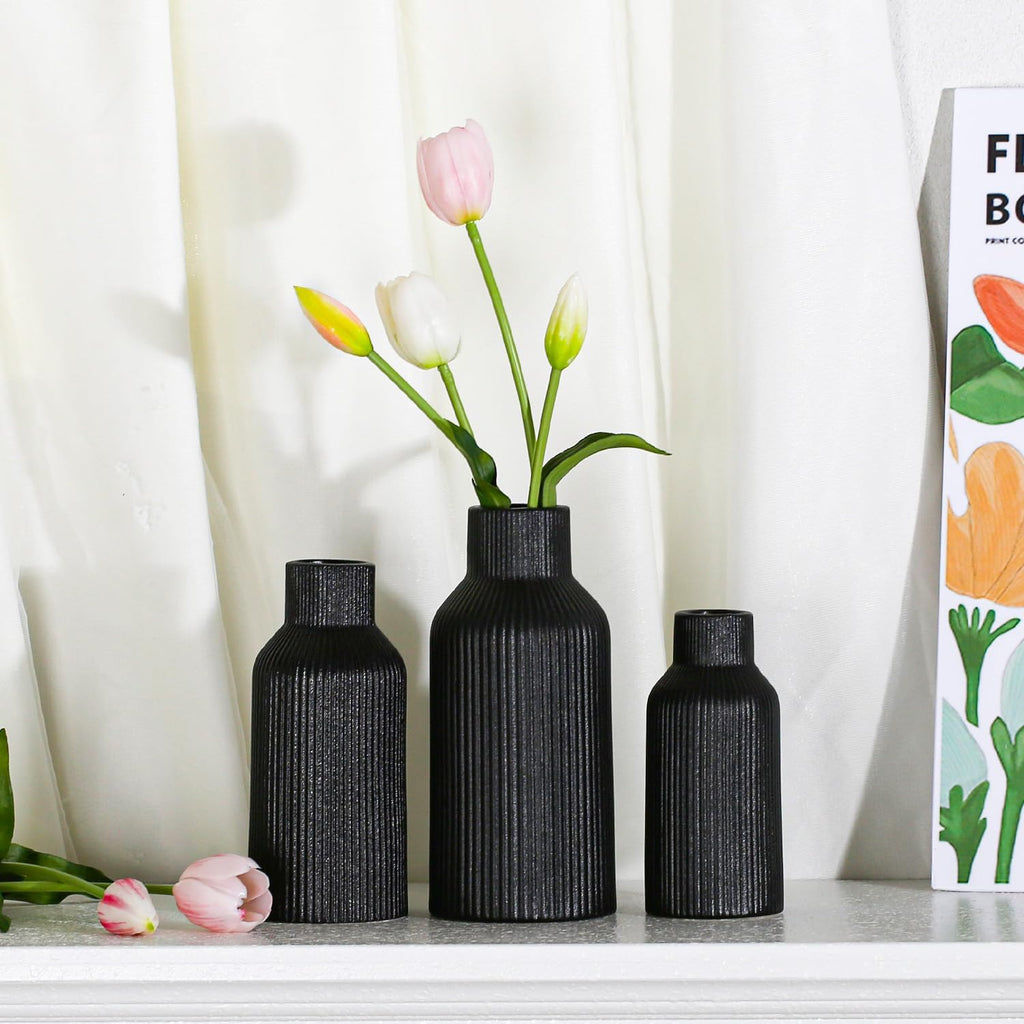 Bohemian Black Ceramic Vase - for Pampas Grass, Mantel, Bookshelf, Entryway and Living Room Decor (Black, Set of 3)
